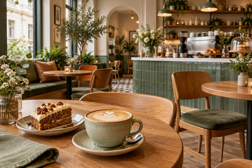 KI-generierte Café-Inneneinrichtung für ein fiktives Premium-Muster